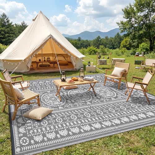 Garvee Reversible Outdoor Rug 9x18 for Patio, Waterproof Outdoor Area Rug, Modern Medallion Indoor Outdoor Rugs, Plastic Straw Rug for RV, Camping, Deck, Vintage Grey - color: Grey & White, size: 9' x 18' (Rectangular)