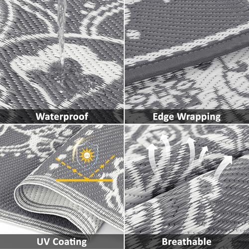 Pauwer Waterproof Outdoor Rug 6x9, Reversible Plastic Straw Patio Camping Rug, Indoor Outdoor RV Mat Carpet for Deck, Camper, Porch, Balcony, Backyard, Picnic, Floral Grey - color: Floral Grey, size: 6' x 9' (Rectangular)