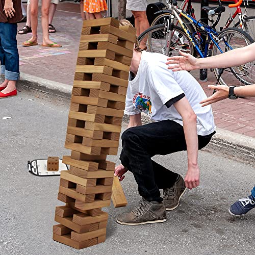 Juegoal 54 Pieces Giant Tumble Tower Blocks Game Giant Wood Stacking Game with 1 Dice Set, Gameboard, Canvas Bag for Adult, Kids, Family, Brown - color: Brown, size: Large