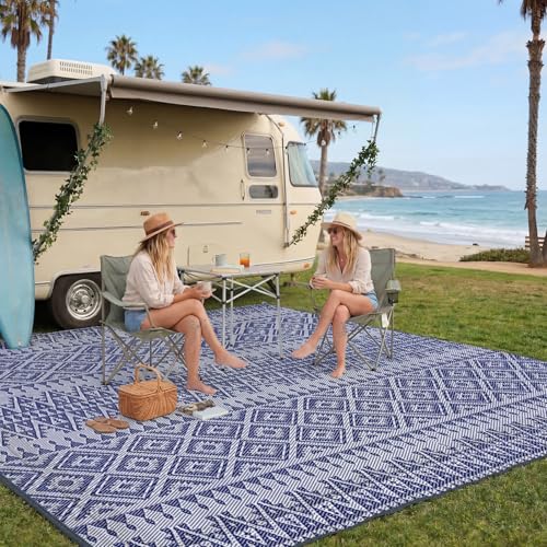 UPGRADE Waterproof Outdoor Rug 8x10 ft, Reversible Plastic Patio Rug, UV Resistant Straw Camping Mat with Carry Bag for RV Beach Deck Backyard, Blue & White - color: Blue & White, size: 8' x 10'