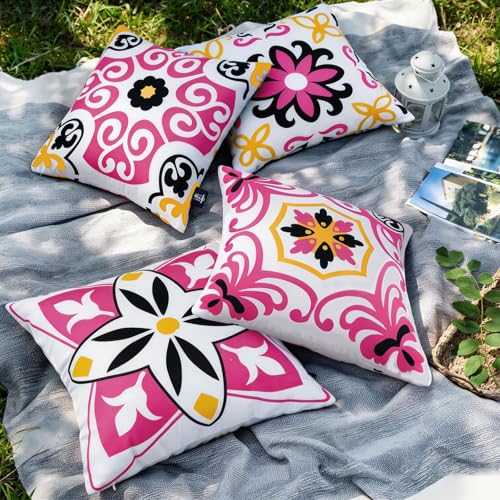 Pyonic Black Hot Pink Outdoor Pillows Waterproof Throw Pillow Covers Set of 4 Floral Printed and Boho Farmhouse Outdoor Pillow Covers for Patio Funiture Garden 18x18 Inch - color: Black Pink, size: 18" x 18" (Pack of 4)