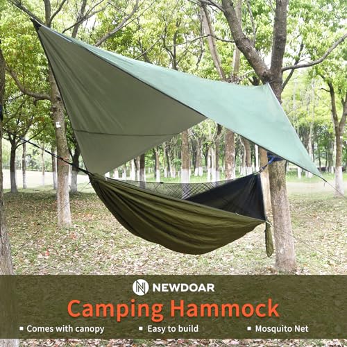 NewDoar Camping Hammock with Mosquito Net and Rain Fly Tarp,Portable Single Nylon Parachute Hammock Rainfly Set,Tree Straps Swing Hammock Bed for Outdoor Backpacking Backyard Hiking(ArmyGreen)