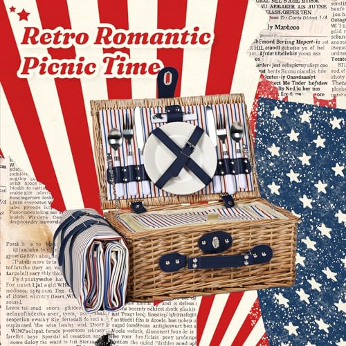 Wicker Picnic Basket for 2 with Waterproof Picnic Blanket and Insulated Bag Classic Red, White and Blue Stripes for Soccer Game, Camping, Travel, Birthday Gift, Wedding Gift - color: Red White and Blue Stripes
