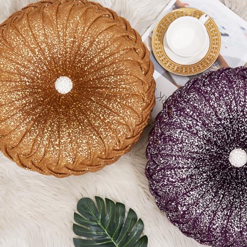 EUCIOR Round Throw Pillows,Brown Throw Pillows,Gold and Brown Decorative Pillow,Pumpkin Pleated Handmade Round Velvet Decorative Pillow for Sofa Bedroom Livingroom - color: Velvet-golden-brown