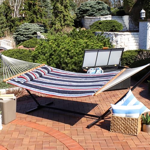 Sunnydaze Quilted Double Hammock for Outside with Spreader Bars and Pillow - 450 lb Capacity, 74x55 Inch Bed, UV Resistant, Quick Dry - Chains Included, Stand Sold Separately - Nautical Stripe - color: Nautical Stripe