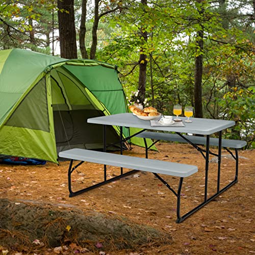 Giantex Folding Picnic Table Bench Set, Outdoor Dining Table Set, Large Camping Table for Patio Lawn Garden Poolside, Portable Picnic Tables, Weather Resistant Metal Frame (Folding Legs Design, Gray) - color: Grey