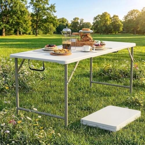 YITAHOME 6FT Folding Table, Outdoor Folding Table w/Heavy Duty HDPE Tabletop, Rectangle Folding Tables w/Portable Carrying Handle for Picnic, Parties, Camping & Indoor Activities, White - color: White