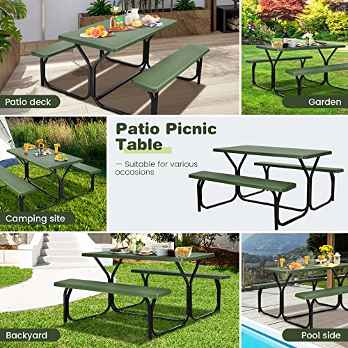 Moccha Picnic Table Bench Set - Portable Plastic Picnic Table w/Steel Frame & Wood-Like Texture, All Weather Heavy Duty Picnic Table Kit, Picnic Tables for Outdoors Garden Patio Party Dining (Green) - color: Green
