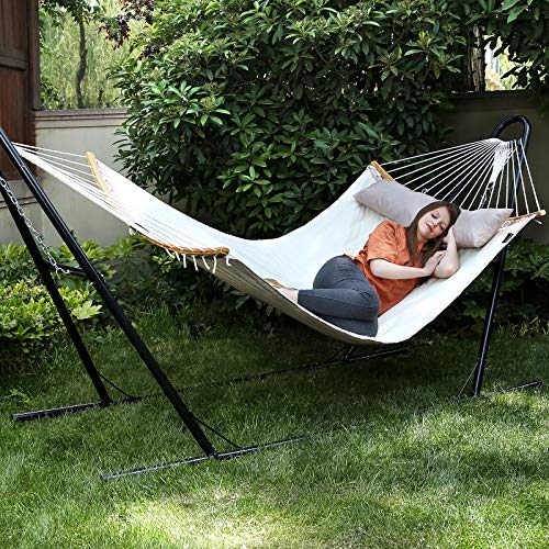 SONGMICS Hammock, Quilted Hammock with Curved Bamboo Spreaders, Pillow, 78.7 x 55.1 Inches, Portable Padded Hammock Holds up to 495 lb, Cream and Beige UGDC34BE - color: Cream + Beige