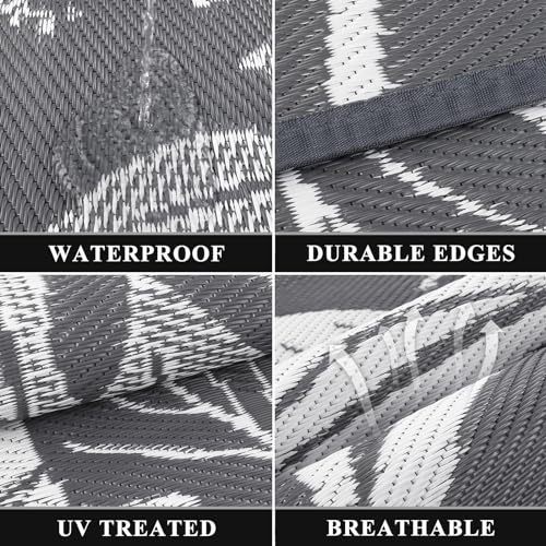 Pauwer Waterproof Outdoor Rug 6x9, Reversible Plastic Straw Patio Camping Rug, Indoor Outdoor RV Mat Carpet for Deck, Camper, Porch, Balcony, Backyard, Picnic, Floral Grey - color: Floral Grey, size: 6' x 9' (Rectangular)