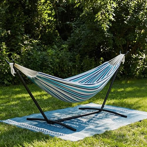 Double Hammock with Steel Stand - 2 Person Hammock Bed Indoor Outdoor, Brazilian-Style, with Carry Bag, 450lb Capacity, Portable & Easy Assembly, Ocean - color: Ocean