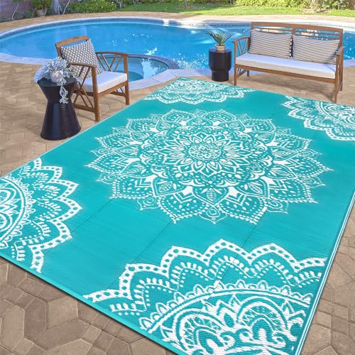 Yamaziot Waterproof Outdoor Rug 9x12 ft, Reversible Plastic Straw Rug for Patio Clearance, Camping, RV Mat, Large Outside Rug Carpet for Porch, Deck, Backyard, Balcony, Picnic (Blue) - color: Blue, size: 9' x 12'