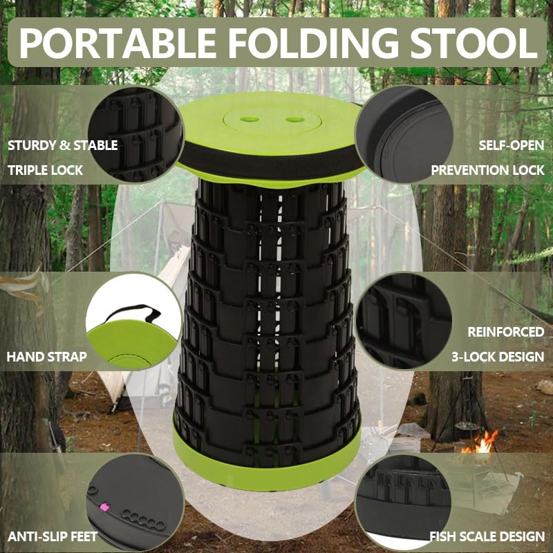 JAEMEYEM Collapsible Stool Chair, Upgraded Folding Stool for Adults Lightweight, Sturdy, Adjustable, Portable, Foldable Seat Sturdy Stools for Outdoor Camping Fishing Hiking Gardening BBQ - color: Black Green, size: 1 pack