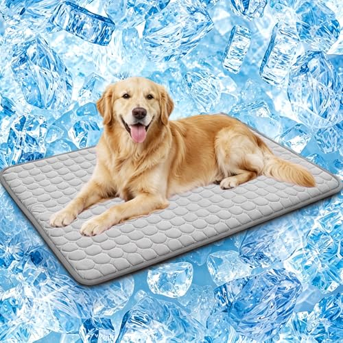 SOMOYA Dog Cooling Mat (Q-Max>0.4) Pet Cooling Pads Blanket Sleeping Kennel Mat,Ice Silk Cool Mat Pad Breathable Dog Bed Mats Beach for Large Dogs Cats (Grey, 27x39 in) - color: Grey, size: 27x39 in