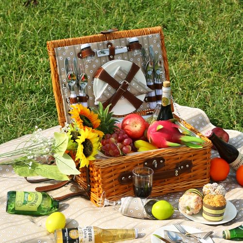 Picnic Basket Set for 4 with Waterproof Blanket Mat Insulation Bag Wicker Floral Brown Classic Fresh for Christmas Thanksgiving Wedding Birthday Camp Outdoor Beach Travel - color: Brown and White Flower