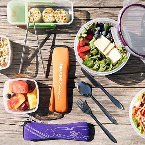 Reusable Travel Utensils with Case | Fork and Spoon Set with Knife, Chopsticks and Optional Reusable Straw– Office, Travel, or Camping Accessories| Lightweight Sturdy Reusable Utensils - color: 4pc Set - Pink