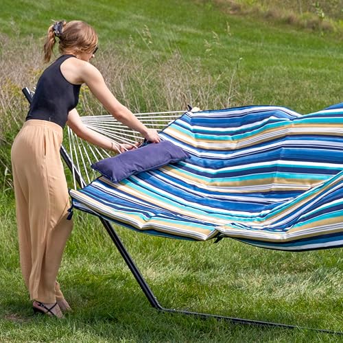 Sunnydaze Rope Hammock with Stand for Outside - Heavy Duty Freestanding Portable Outdoor Hammock Set with Quilted Pad, Pillow, and 12-Foot Steel Frame - 275 lb Capacity - Lakeview - color: Lakeview