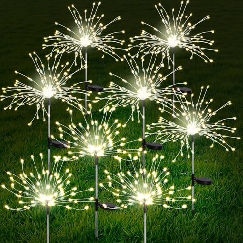 FOOING 8 Pack Solar Garden Lights Solar Firework Lights Waterproof, 200 LED String Light 2 Modes Twinkling Fairy Nightlight for Garden, Wedding, Party, Patio, Yard, Landscape Decoration, (Warm White) - style: 8 pcs-200