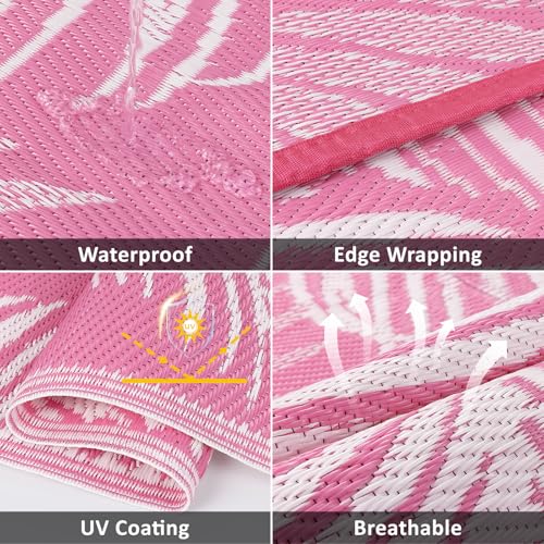 Pauwer Waterproof Outdoor Rug 8x10, Reversible Plastic Straw Patio Camping Rug, Indoor Outdoor RV Mat Carpet for Deck, Camper, Porch, Balcony, Backyard, Picnic, Leaf Pink - color: Leaf Pink, size: 8' x 10' (Rectangular)
