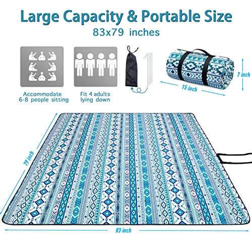 PY SUPER MODE Picnic Blankets Extra Large, Waterproof Foldable Outdoor Beach Blanket Oversized 83x79” Sandproof, 3-Layer Picnic Mat for Camping, Hiking, Travel, Park, Concerts(Teal Boho) - color: Teal Boho