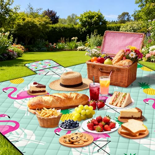 Extra Large Picnic Blanket Waterproof,80"x 80"Foldable Machine Washable Beach Blankets,Outdoor Blanket for 6-8 Adults,Picnic Mat Suitable for Indoor Crawling,Park Beach,Camping,Hiking,Travel（Flamingo） - color: Green Flamingo, size: 6'8" x 6'8" (Square)
