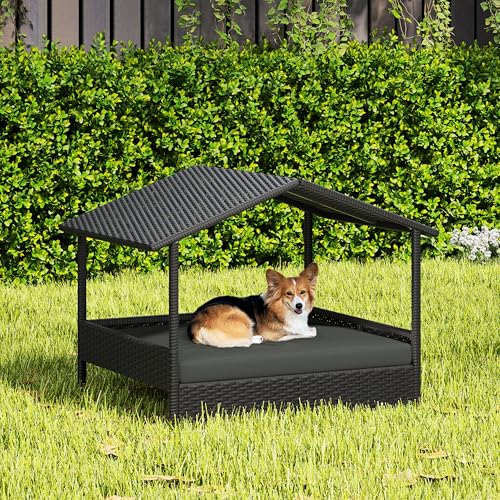 Yaheetech Wicker Dog House Outdoor Indoor with Canopy, Elevated Dog Shelter Dog Bed with Cushion for Small/Medium Dogs, Shade for Deck, Patio, Yard, Pool, Black House, Gray Cushion