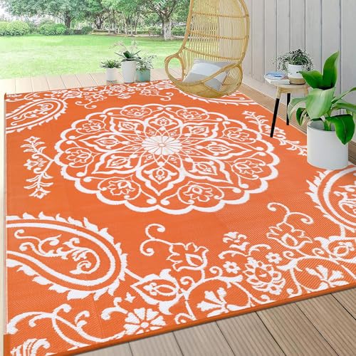 Pauwer Waterproof Outdoor Rug 6x9, Reversible Plastic Straw Patio Camping Rug, Indoor Outdoor RV Mat Carpet for Deck, Camper, Porch, Balcony, Backyard, Picnic, Boho Orange - color: Boho Orange, size: 6' x 9' (Rectangular)