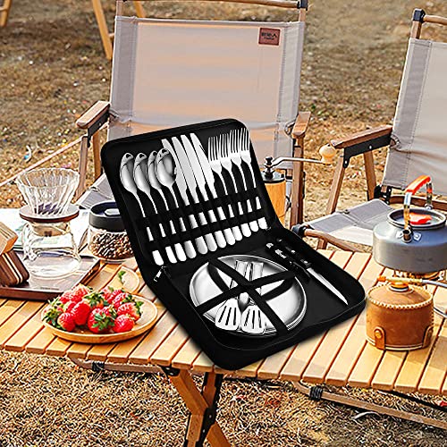 Camping Silverware Silver Picnic Plates and Utensils Set for 4 Portable Tableware Stainless Steel Dinnerware 20 Pieces With Organizer Bag Reusable Durable - size: 20, style: Silver Camping Flatware