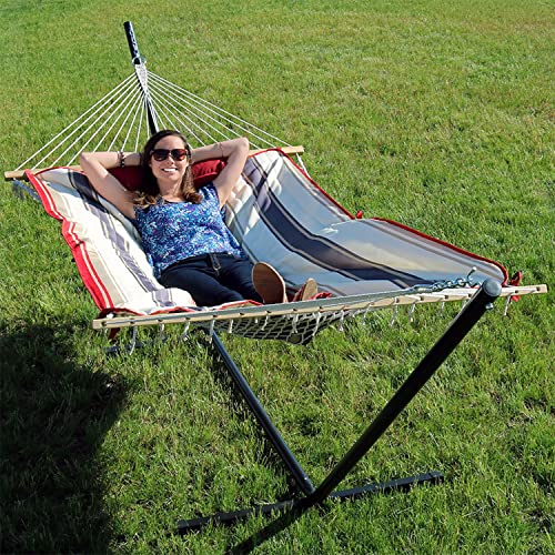 Sunnydaze Rope Hammock with Stand for Outside - Heavy Duty Freestanding Portable Outdoor Hammock Set with Quilted Pad, Pillow, and 12-Foot Steel Frame - 275 lb Capacity - Modern Lines - color: Modern Lines