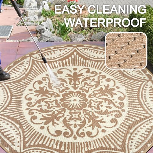Capslpad 6x6 Floral Outdoor Rug for Patio Clearance Reversible Mat Round Portable Plastic Straw Carpet Waterproof Boho Indoor Outside Area Rugs for RV Camping Picnic Balcony Beach Deck, Light Beige - color: Light Beige, size: 6' (Round)