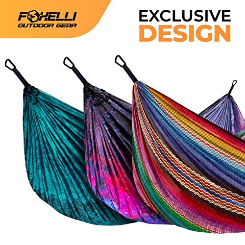 Foxelli Camping Hammock – Ultralight Hammock for Backpacking, Hiking, Festivals, Travel - Easy Setup with Tree-Friendly Ropes & Steel Carabiners, Heavy Duty Parachute Nylon - color: Indian_summer