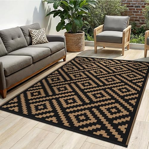 sarben Outdoor Rug for Patio - Waterproof Plastic Straw Camping Rugs 4x6 ft, Reversible Outdoor Indoor RV Mat Carpet for Patio, Porch, Deck, Balcony, Picnic, Beach, Black Brown - color: Black&brown, size: 4' x 6' (Rectangular)