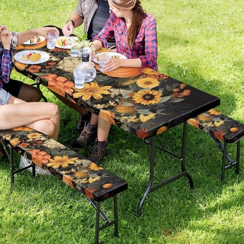 Fall Picnic Table Cover for Outdoor Camping Pumpkin Sunflower Elastic Fitted Table Cloth for Camping Party Supplies 3 PCS Set - color: Pumpkin Sunflower, size: Small