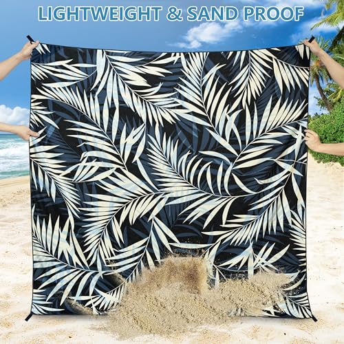 HIHOHO Beach Blanket Waterproof Sandproof Beach Mat 79”x 83” for 1-8 Adults Quick Drying Durable Outdoor Picnic Mat for Beach Festival Travel Camping Hiking (BK&W-Palm, 79"×83"(4 Person)) - color: Bk&w-palm, size: 6'11" x 6'7"