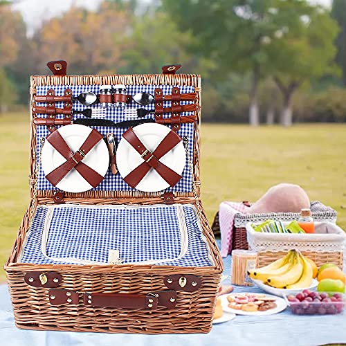 18x13x8in Picnic Basket Set,Hand-Woven Wicker Basket with Heat Cold Insulation,Complete Picnic Set with 2 Wine Glasses for Excursions, Camping, Hiking,Picnics, Outdoor Parties