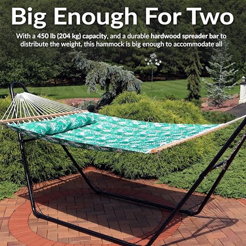 Sunnydaze Quilted Double Hammock for Outside with Spreader Bars and Pillow - 450 lb Capacity, 74x55 Inch Bed, UV Resistant, Quick Dry - Chains Included, Stand Sold Separately - Green Palm Leaves - color: Green Palm Leaves