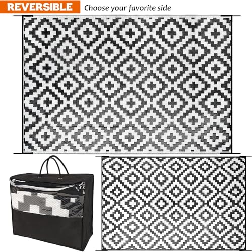 Outdoor Rugs, Outdoor Plastic Straw Rug, Reversible Waterproof Carpet for Camping, Poolside, Garden, BBQ Area, Gazebo Flooring, RV Park & Beach, Square Pattern, Black & White, 5'x8' - color: Square Frames - Black & White, size: 5' x 8'