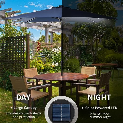Outsunny 9' x 7' Solar Umbrella, LED Lighted Patio Umbrella for Table or Base with Tilt & Crank, Outdoor Umbrella for Garden, Deck, Backyard, Pool, Beach - color: Dark Blue