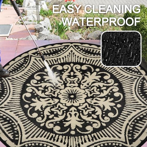 Capslpad 6x6 Floral Outdoor Rug for Patio Clearance Reversible Mat Round Portable Plastic Straw Carpet Waterproof Boho Outside Area Rug for RV Camping Picnic Tent Balcony Beach Deck, Black and Brown - color: Black&brown, size: 6' (Round)