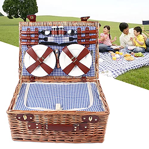 18x13x8in Picnic Basket Set,Hand-Woven Wicker Basket with Heat Cold Insulation,Complete Picnic Set with 2 Wine Glasses for Excursions, Camping, Hiking,Picnics, Outdoor Parties