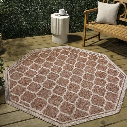 JONATHAN Y Moroccan Trellis Indoor Outdoor Octagon Area Rug 5 Ft Red/Beige, Trebol Textured Weave for Backyard, Patio, Porch, Easy-Cleaning, High Traffic, Pet-Friendly, Non-Shedding (SMB109C-5TGN) - color: Red/Beige, size: 5'3" x 5'3" (Octagonal)