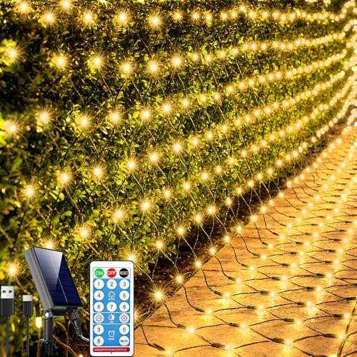 Lovelite 11.5ft x 5ft Solar Net Lights Outdoor, 240LED Christmas Mesh Lights Solar & USB Powered, Waterproof String Lights 8 Modes Green Wire for Bushes Patio Garden Holiday Party Decor (Warm White) - color: Warm White, size: 11.5ftx5ft (Green Wire)