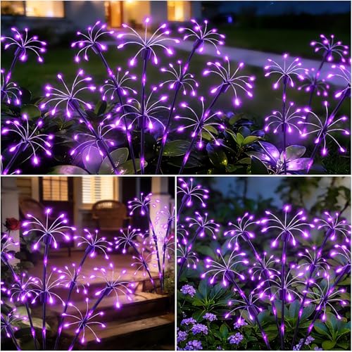 Solar Garden Lights Outdoor, 4 Pack 2-Layer Purple Solar Firework Lights, Waterproof Starburst Fairy Light Garden Decor for Yard Patio Pathway Lawn, Unique Gifts for Women Mom Grandma Mother's Day - color: Purple