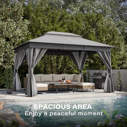 LAUSAINT HOME Gazebo 10x13ft, Heavy Duty Patio Gazebo with Expansion Bolts, Party Canopy Tent with Double Roofs, Mosquito Nettings and Privacy Screens for Backyard, Garden, Lawn, Grey - color: Gray, size: 10'x13'