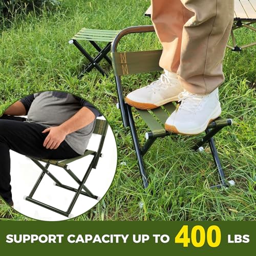 Portable Camping Chair, Full Steel Frame Folding Stool with Back, 400LBS Capacity Military Green Outdoor Chair for Adults, Heavy-Duty Webbing Seat, Compact Foldable Design for Hunting, Fishing, Hiking