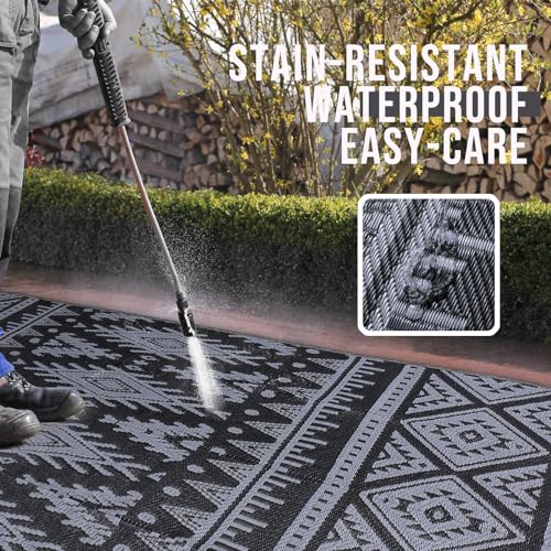 OLANLY Outdoor Rug Waterproof 8x10 ft, Reversible Outdoor Plastic Straw Rug, Boho Patio Rug, Indoor Outdoor Carpet, RV Mat Outside for Patio, Camp, Picnic, Balcony, Deck, Backyard, Black & Grey - color: Black & Grey, size: 8' X 10' (Rectangular)