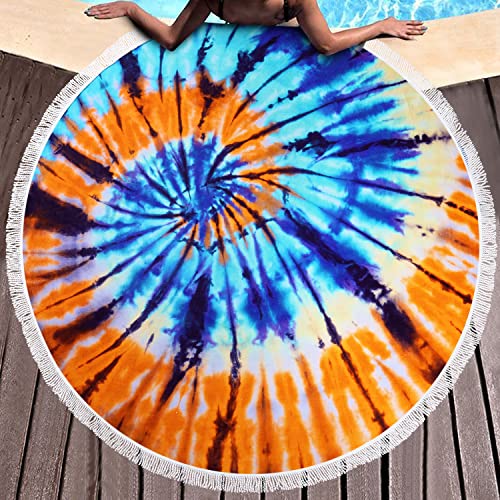 Benefeet Sox Beach Towel Large Round Mandala Pool Towels Tassels Microfiber Quick Dry Beach Blanket Throw Bohemian Roundie Swim Pool Circle Towel, 59 Inches - color: Tie Dye, Blue Orange