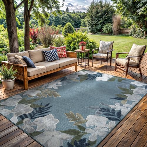 Outdoor Rug 9x12 Washable Area Rugs Indoor Outdoor Carpets Aqua Border Floral Non Shedding Waterproof Easy Clean Patio Deck Porch Living Room Bedroom Garden RV (9 X 12 Aqua) - color: 1-aqua, size: 9' x 12' (Rectangular)