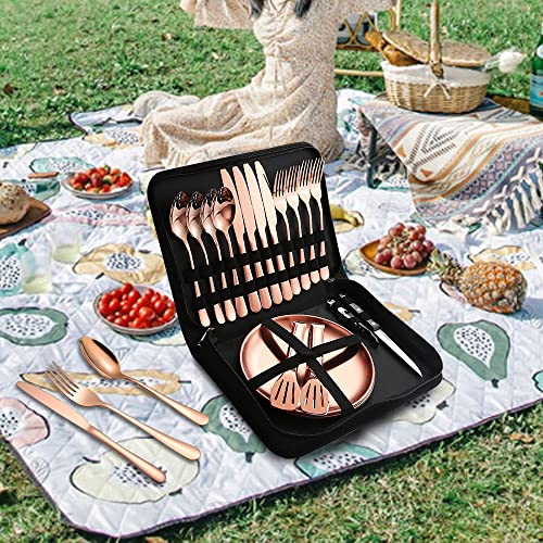 Picnic Tableware Set Camping Dinnerware Copper/Rose Gold Silverware and Plates Kit for 4 Portable Utensils Stainless Steel Dishes Spoons Forks Knives Bottle Opener Food Tongs - size: 20, style: Copper/Rose Gold Camping Flatware