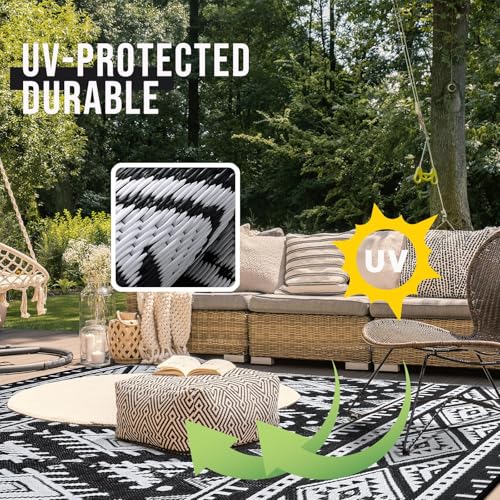 OLANLY Outdoor Rug Waterproof 9x18 ft, Reversible Outdoor Plastic Straw Rug, Boho Patio Rug, Indoor Outdoor Carpet, RV Mat Outside for Patio, Camp, Picnic, Balcony, Deck, Backyard, Black & White - color: Black & White, size: 9' X 18' (Rectangular)